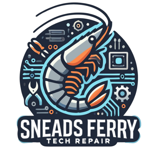 Cartoon shrimp integrated with circuit board elements, representing the Sneads Ferry Tech Repair logo.